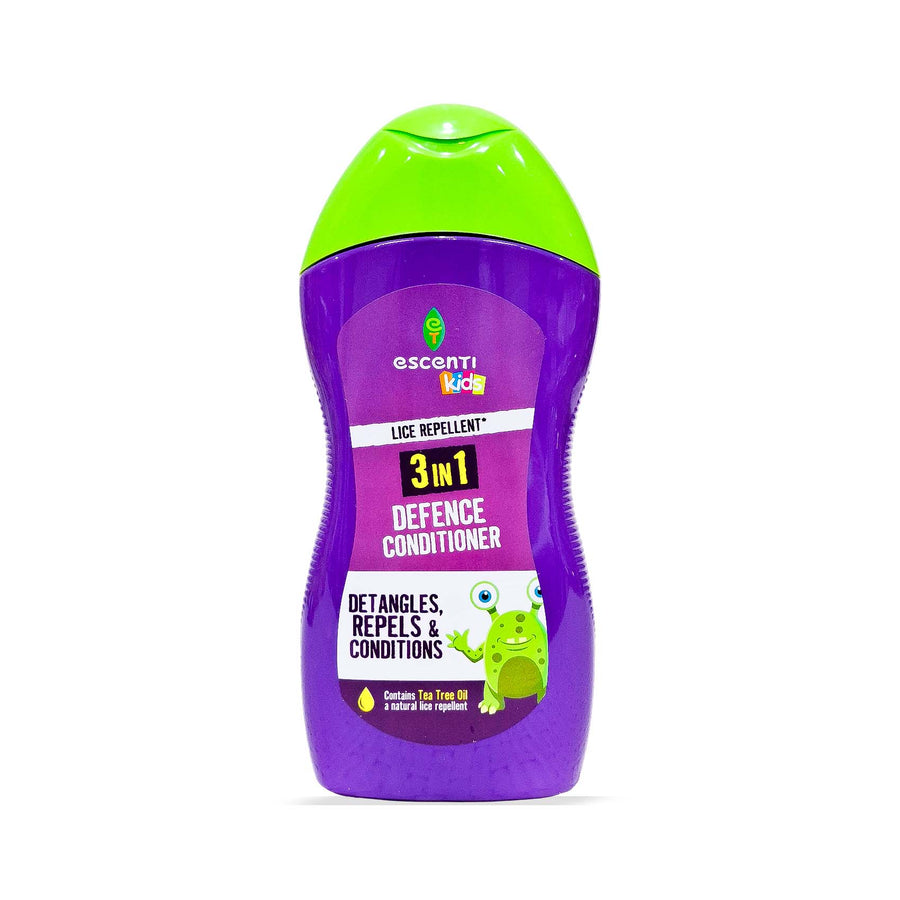 Purple bottle with green cap labeled '3 in 1 Defence Conditioner' on a white background