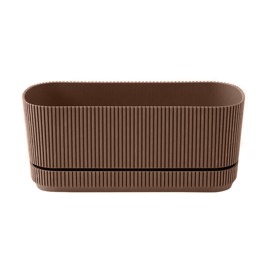 Brown rectangular container with ribbed texture on a white background