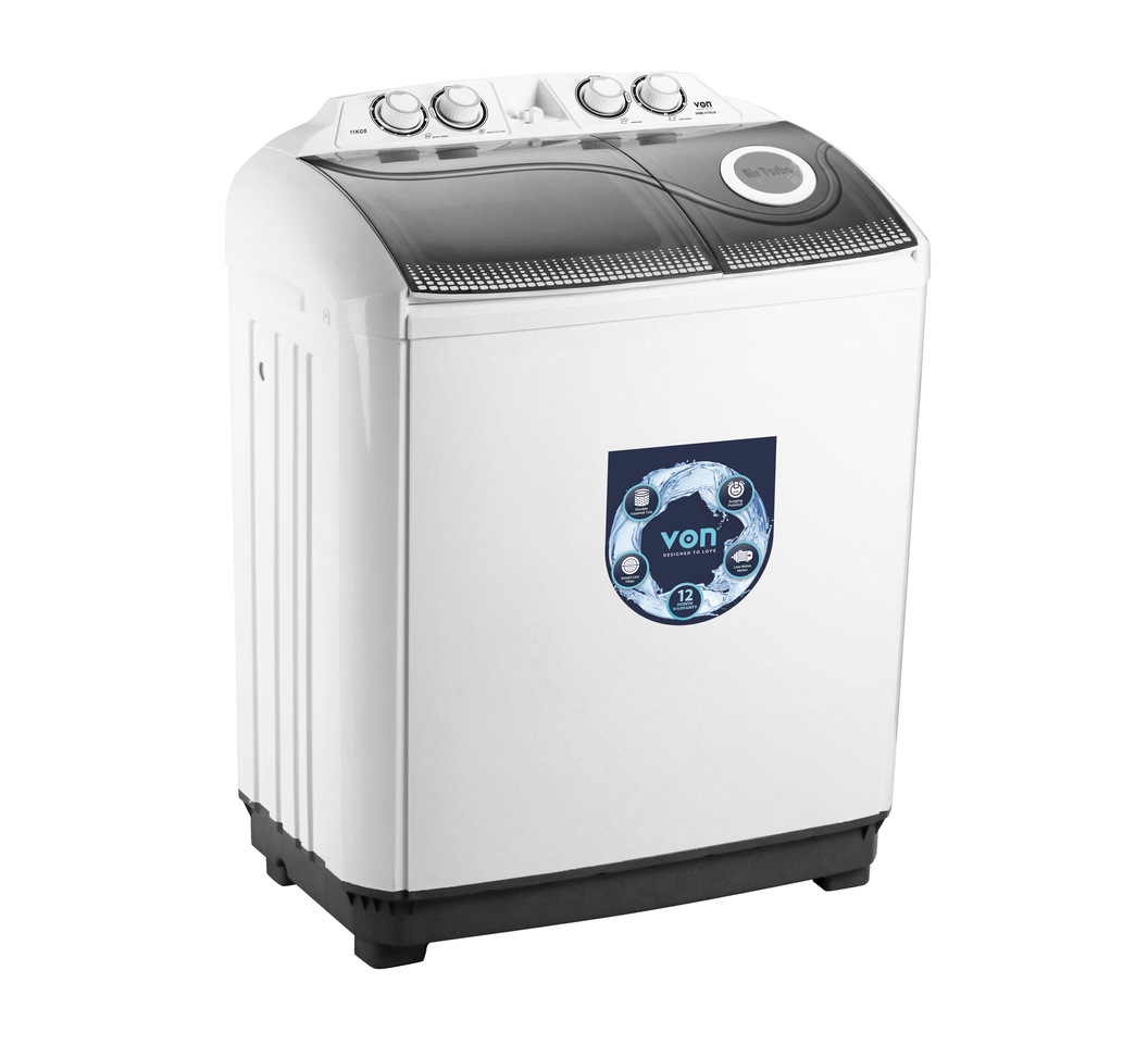 Von Twin Tub Washing Machine VWashing Machine-11Talk, 11Kg, Black